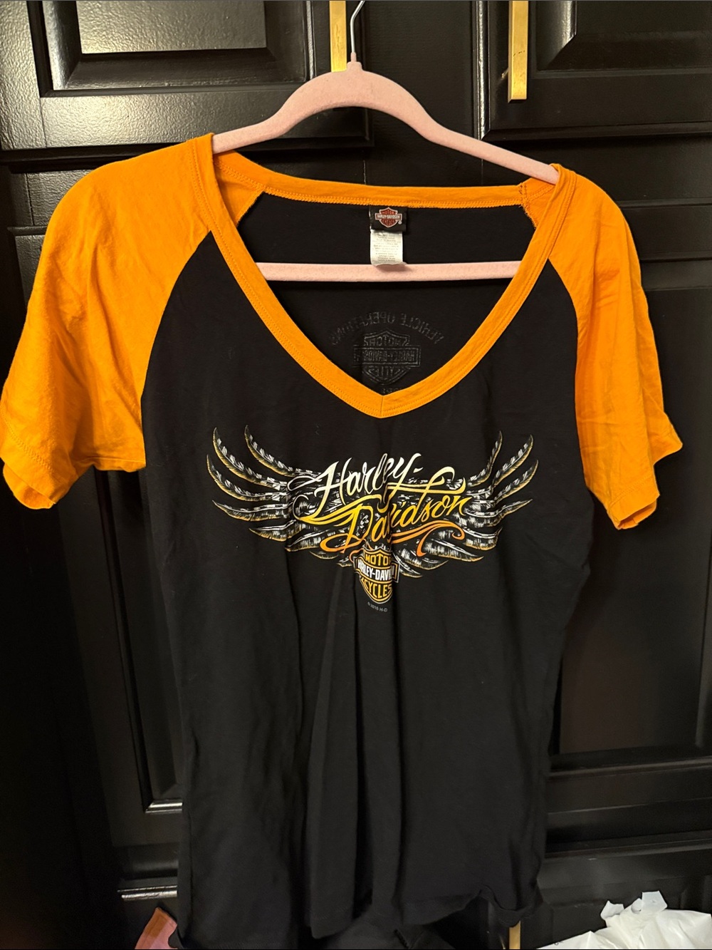 Harley-Davidson Black and Orange V-Neck Raglan Tee with Winged Logo